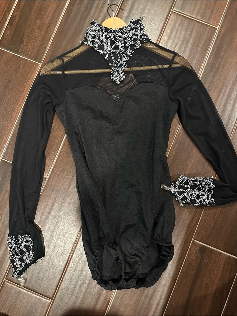 Kelle Black Mesh Long-Sleeve dance  Bodysuit with White Lace Trim